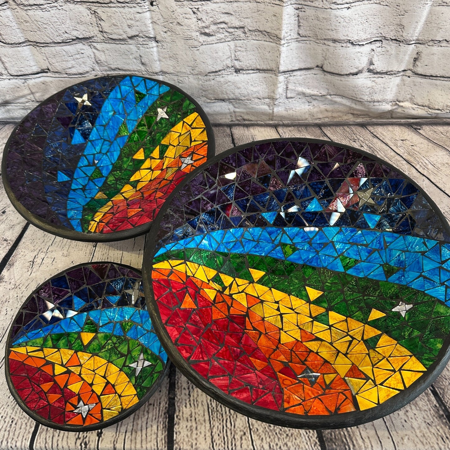 35cm Rainbow Stars Round Mosaic Handmade Ceramic Glass Tile Bowl Fruit
