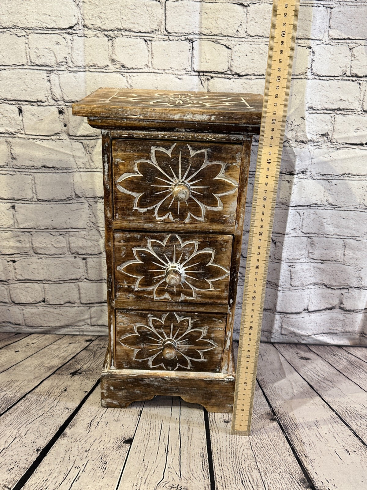 60cm x 25cm Brown 3 Draw Wooden Side Cabinet Living Hallway Storage Furniture