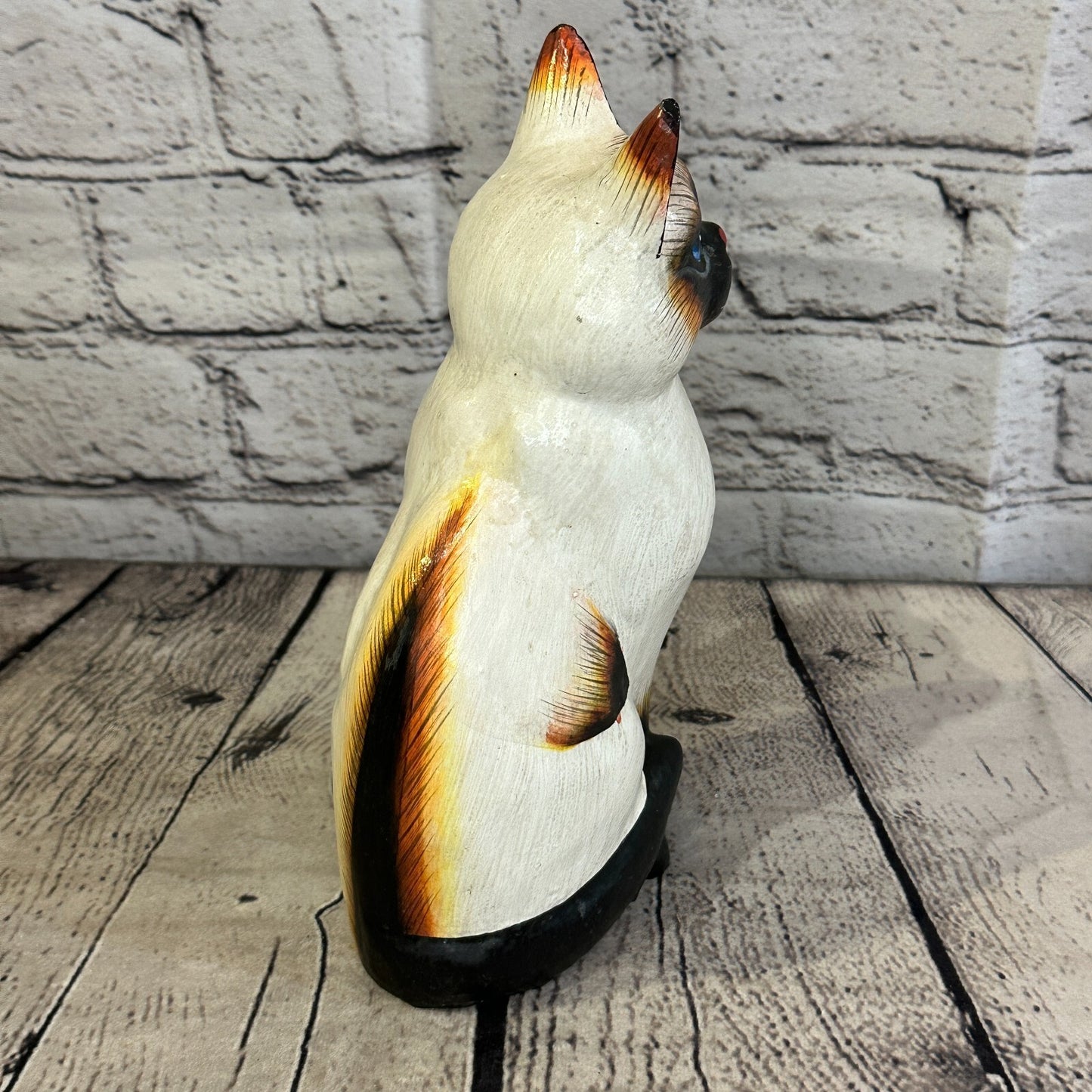 20cm x 10cm Siamese Sitting Style Painted Wooden Hand Carved Cat Wooden
