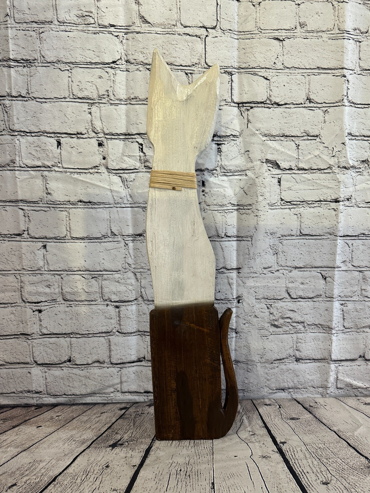 60cm Brown White Flower Wooden Shabby Cat Statue Ornament Fair Trade Handcarved