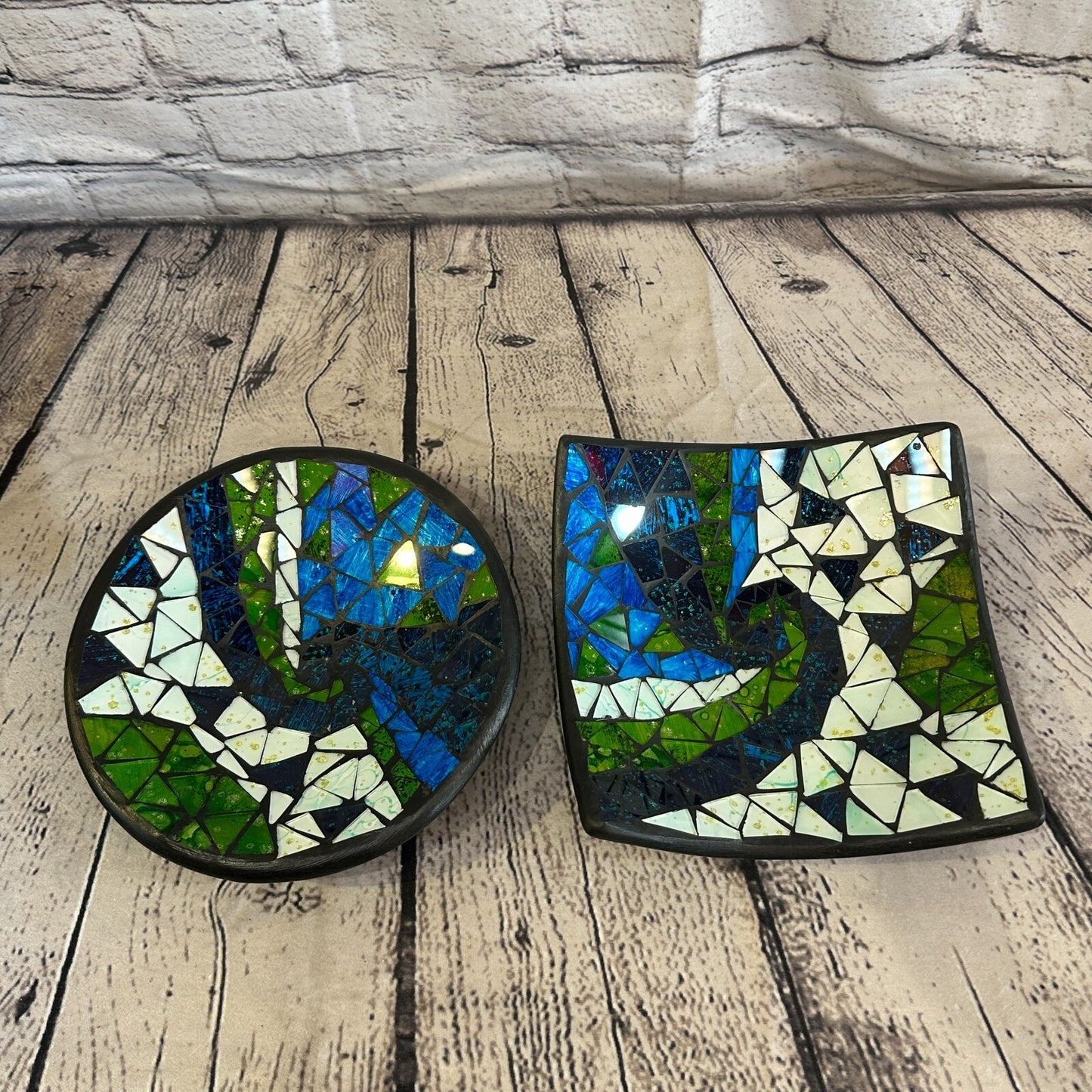 30cm Blue Green Swirl Square Mosaic Handmade Ceramic Glass Tile Bowl Fruit
