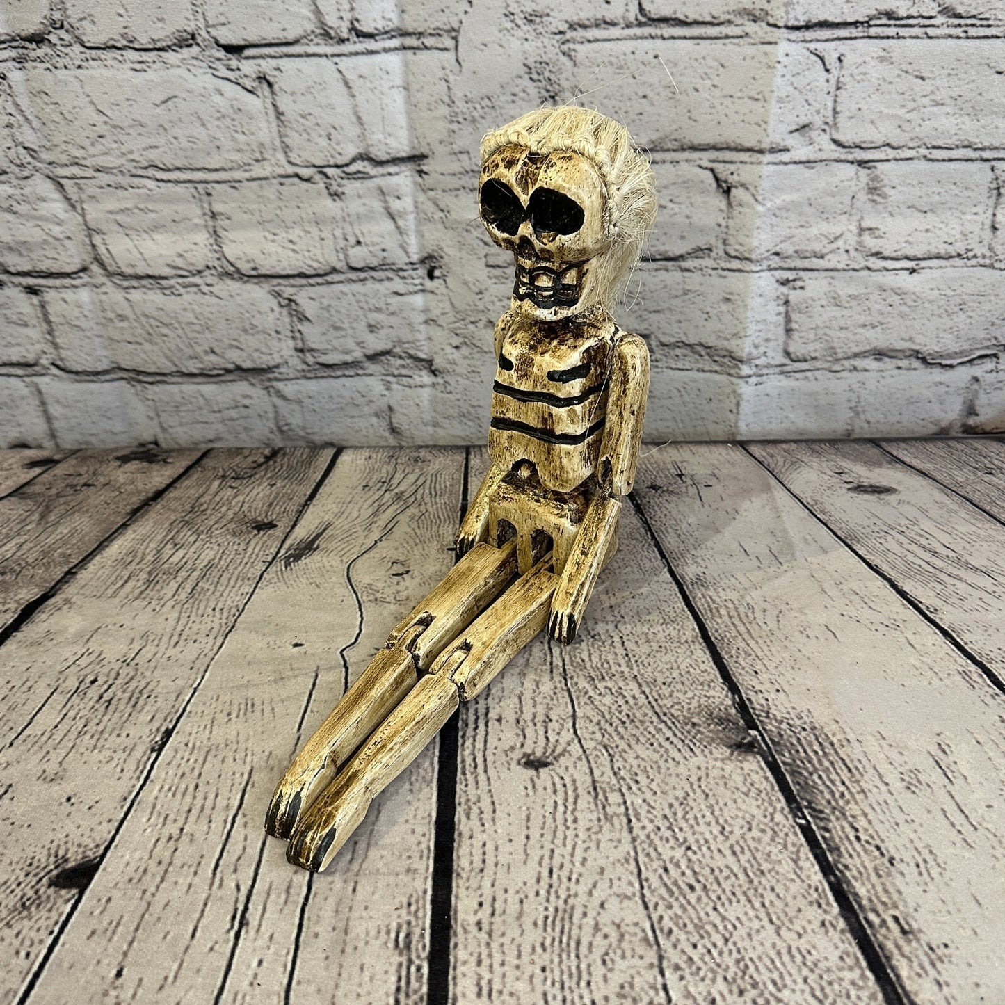20cm Shabby Skeleton White Hair Animal Wooden Shelf Ornament Handmade Fairtrade