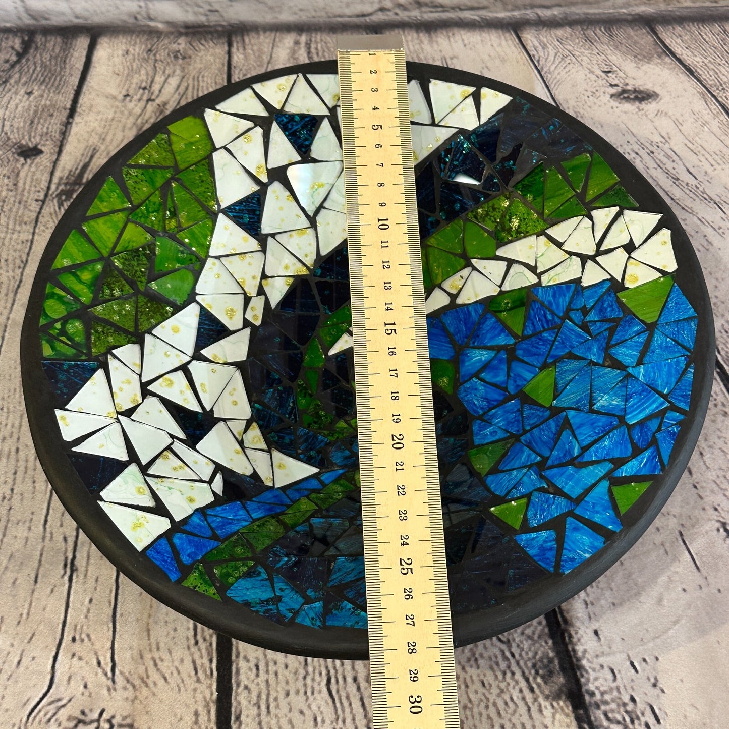 28cm Blue Green Swirl Round Mosaic Handmade Ceramic Glass Tile Bowl Fruit
