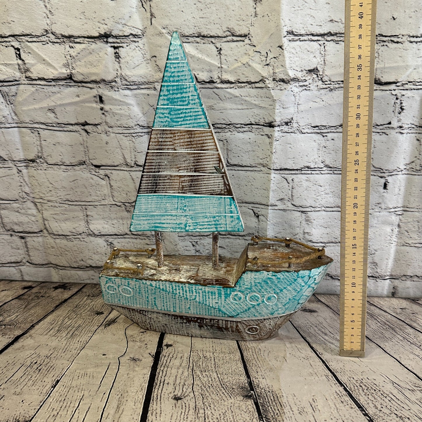 40cm Rustic Wooden Brown & Green Sailing Boat Nautical Ornament Sculpture Decor