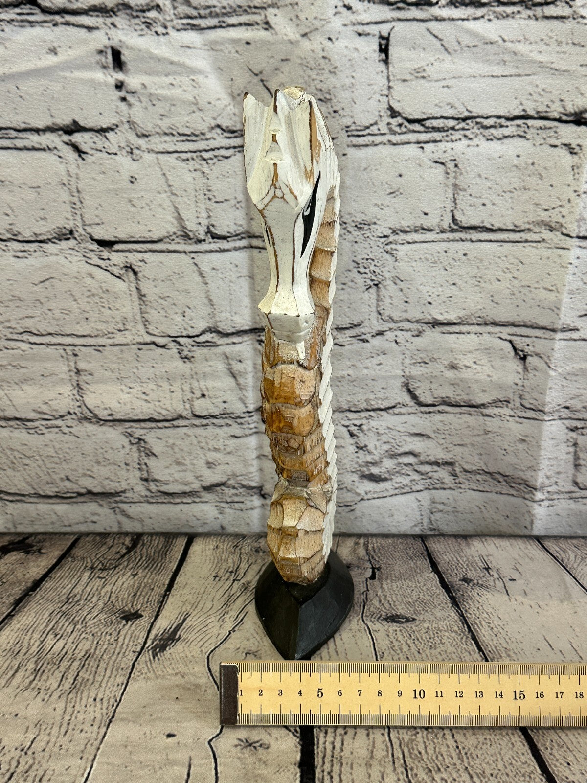 30cm White Brown Wooden Shabby Seahorse Statue Ornament Fair Trade Handcarved