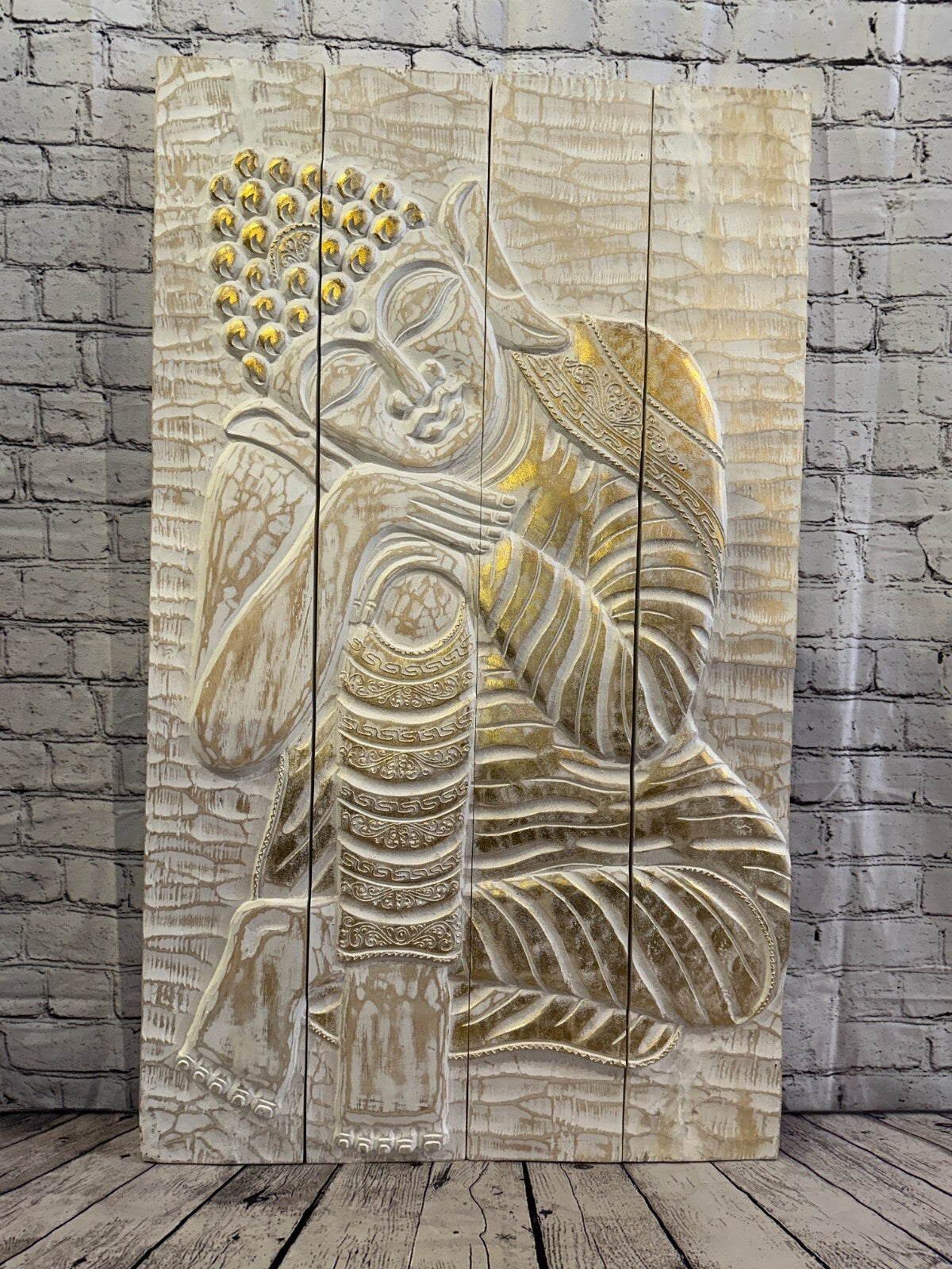 100cm x 60cm Buddha White Gold Wooden Wood Panel Wall Art Plaque Handcarved