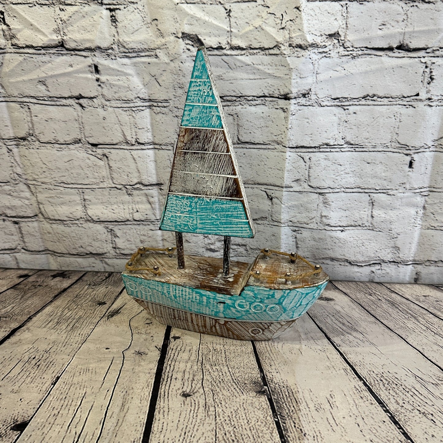 35cm Rustic Wooden Brown & Green Sailing Boat Nautical Ornament Sculpture Decor