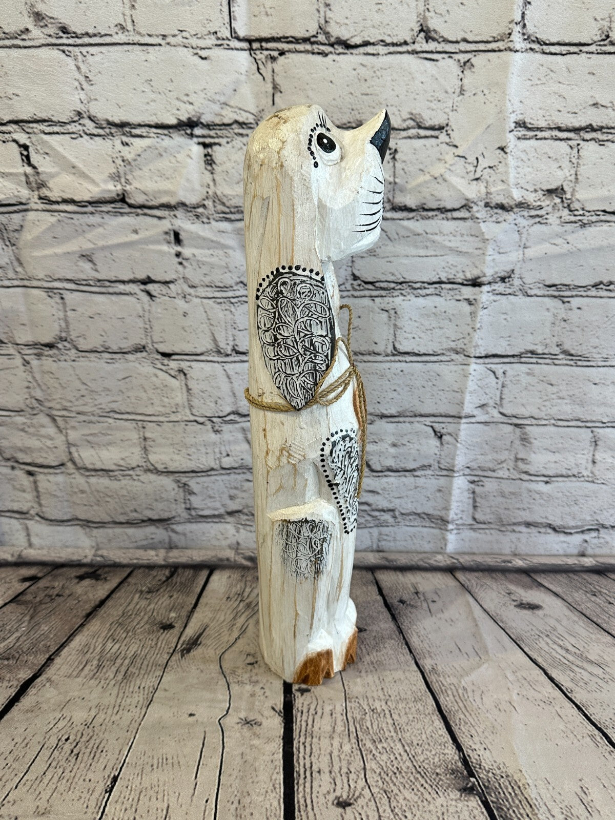 40cm White Flower Wooden Shabby Dog Statue Ornament Fair Trade Handcarved