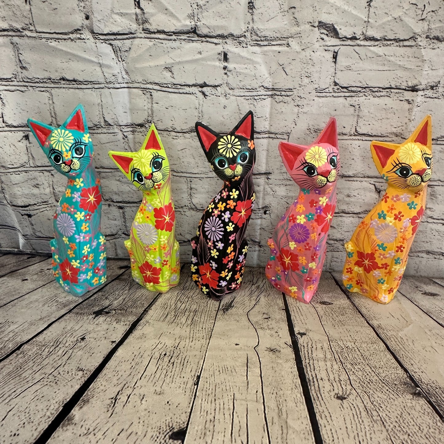 Green Flat Back Wooden Cat With Flower Pattern 25cm x 8cm Handmade and Fairtrade