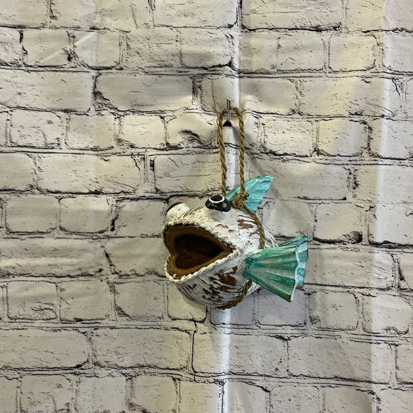 Green White Folk Art Hand Painted Shark Fish Coconut Shell Ornaments Hanging