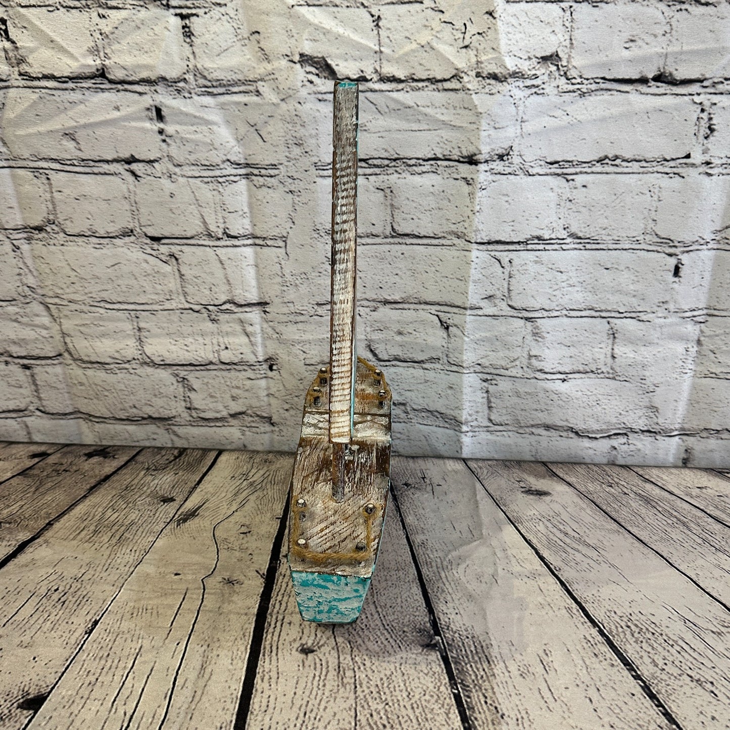 35cm Rustic Wooden Brown & Green Sailing Boat Nautical Ornament Sculpture Decor