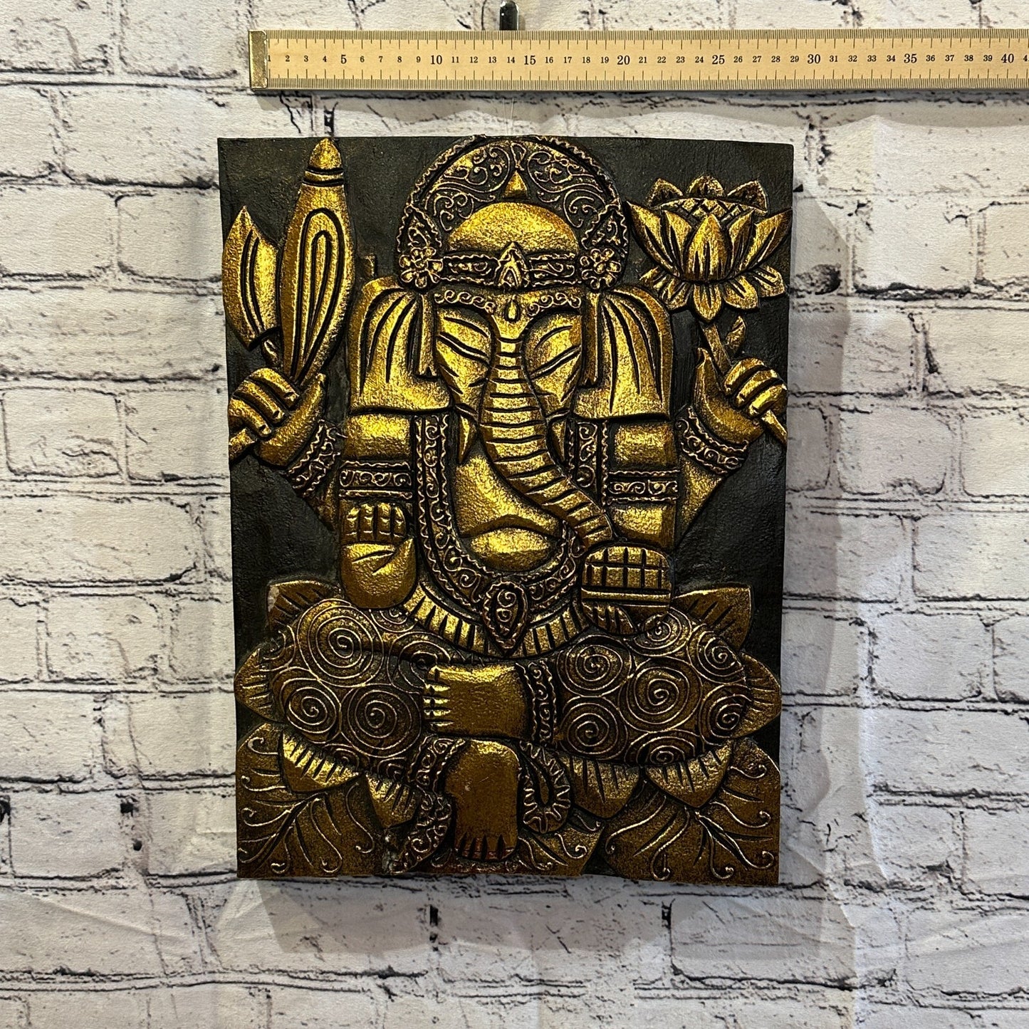 Wooden Wood Panel 40cm Brown Gold Ganesh Lotus Wall Art Plaque Handcarved