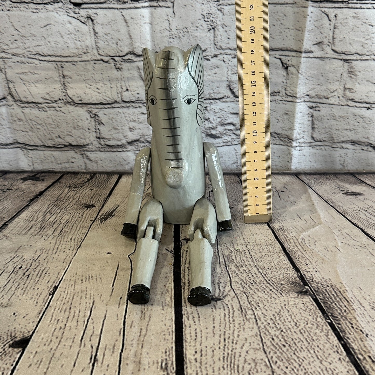 20cm Grey Elephant Sitting Animal, Wooden Shelf Ornament Handmade & Fairtrade