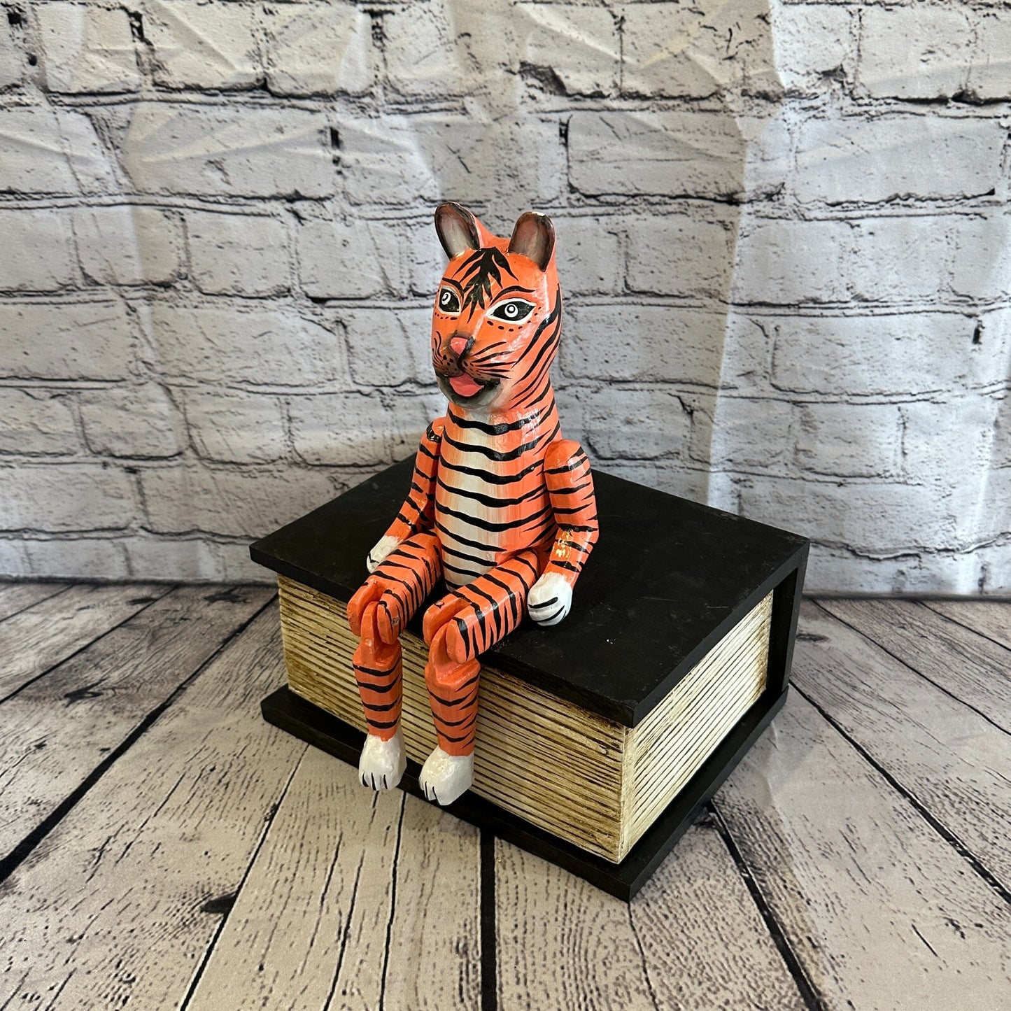 20cm Orange Tiger Sitting Animal, Wooden Shelf Ornament Handmade & Fairtrade