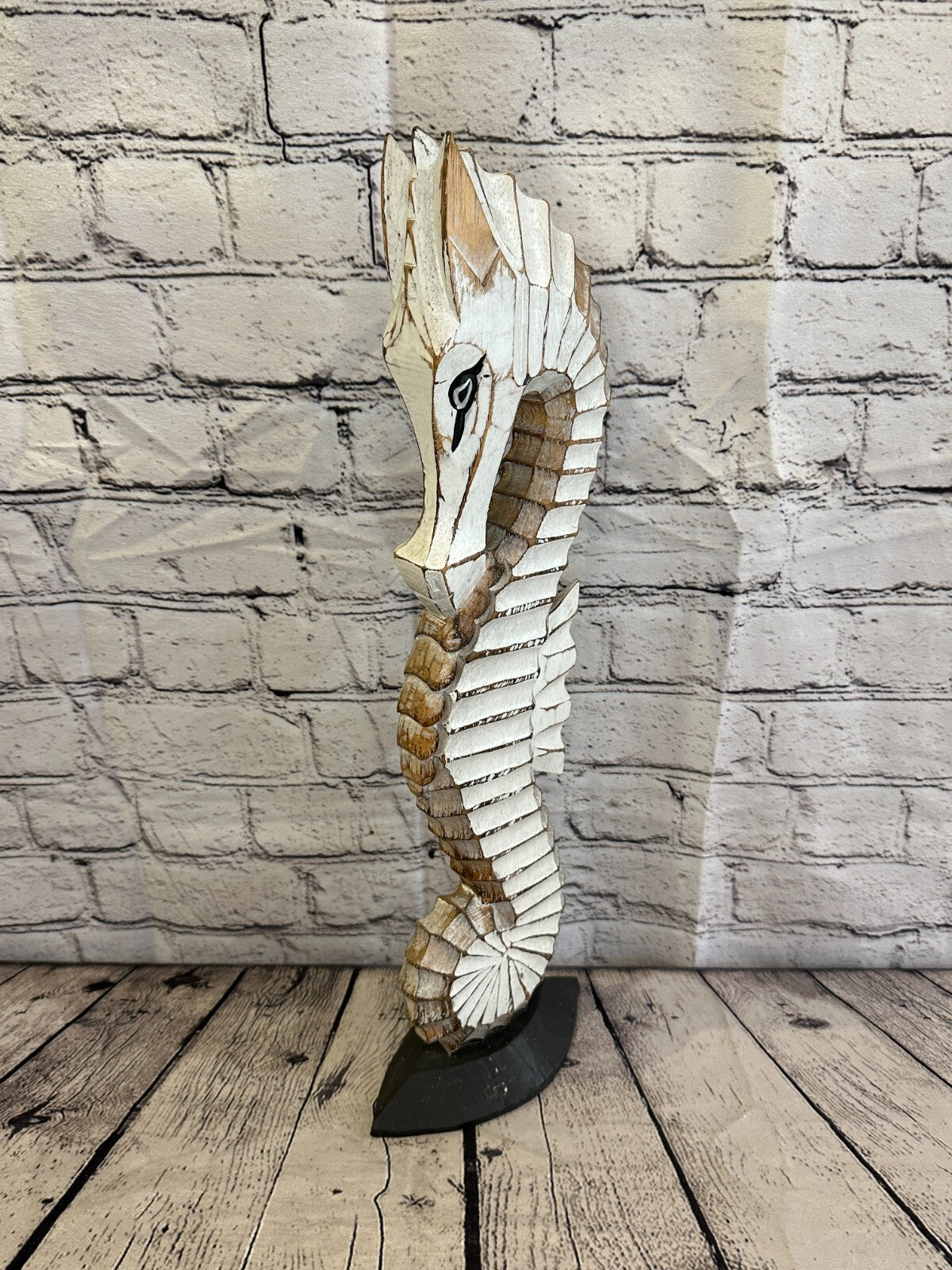 50cm White Brown Wooden Shabby Seahorse Statue Ornament Fair Trade Handcarved