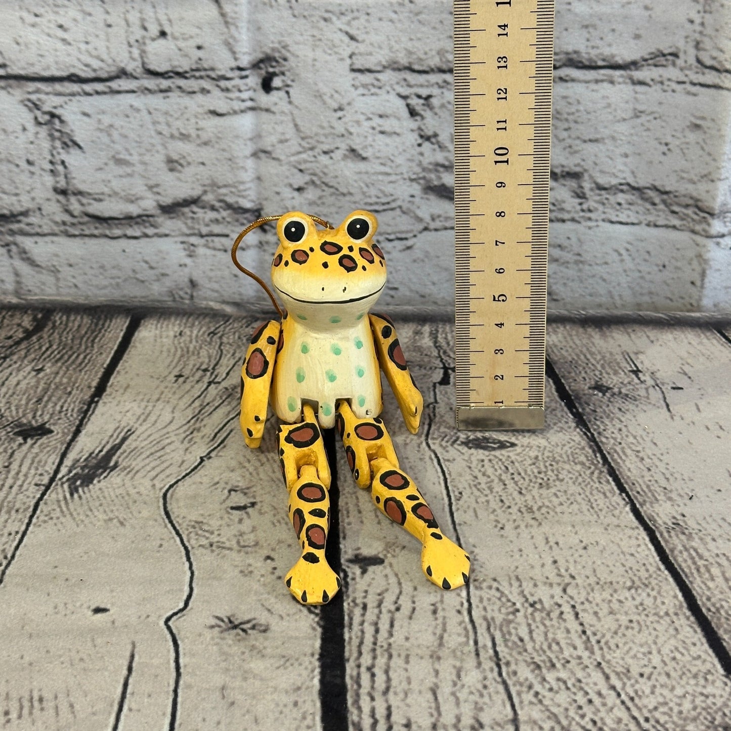 10cm Yellow Frog Sitting Animal, Wooden Shelf Ornament Handmade and Fairtrade