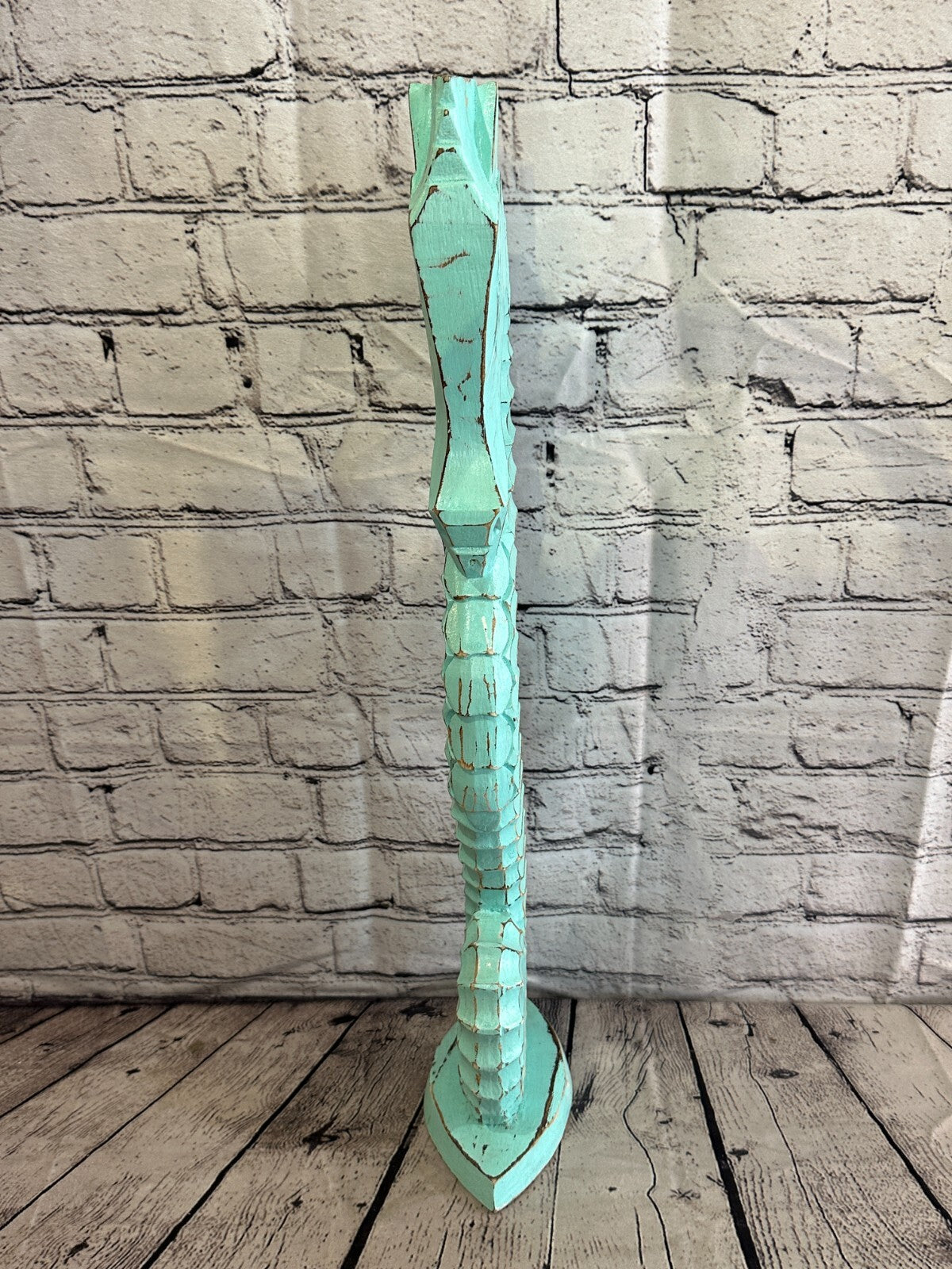 60cm Green Plain Wooden Shabby Seahorse Statue Ornament Fair Trade Handcarved
