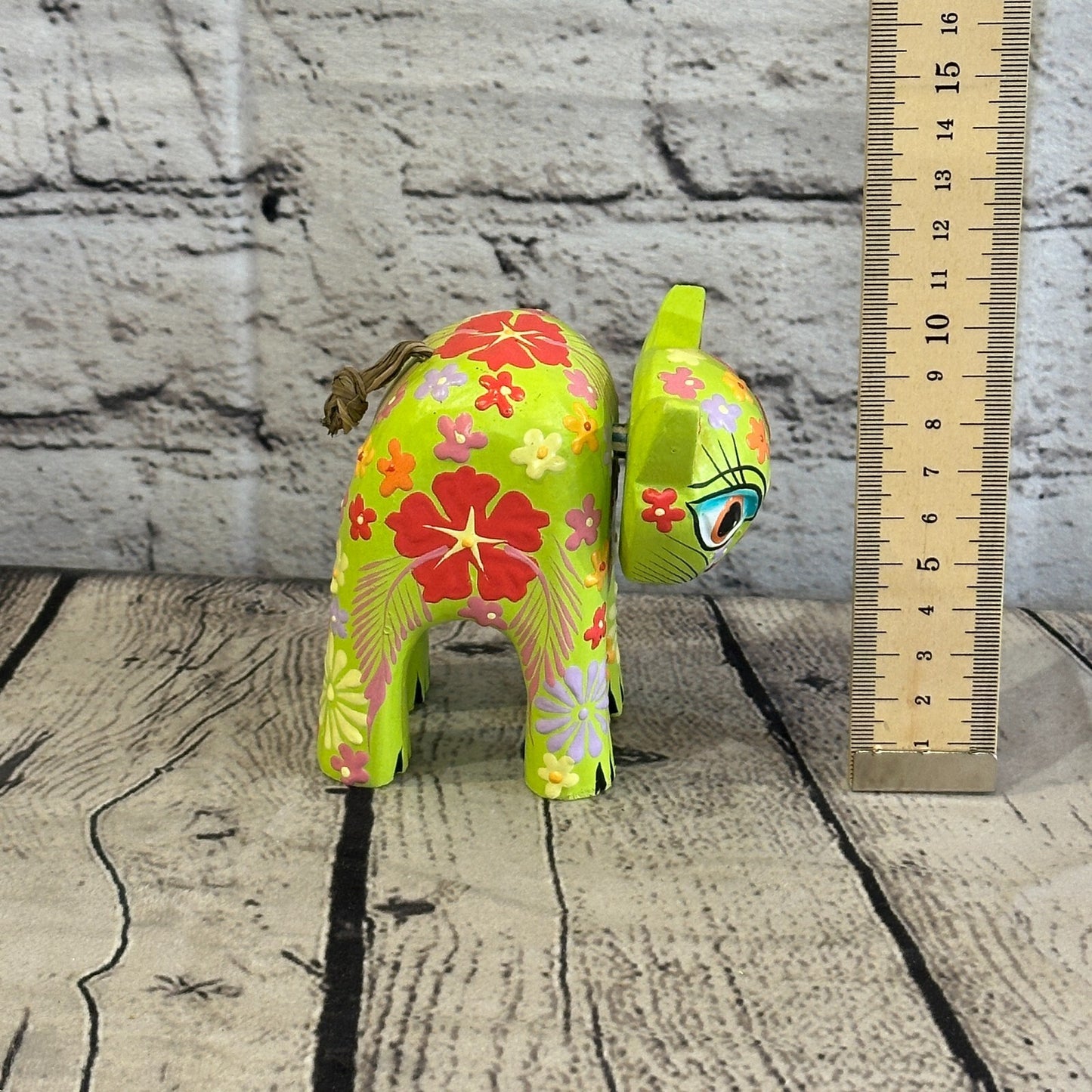 Green Small Wooden Cat With Flower Pattern 10cm x 8cm Handmade and Fairtrade
