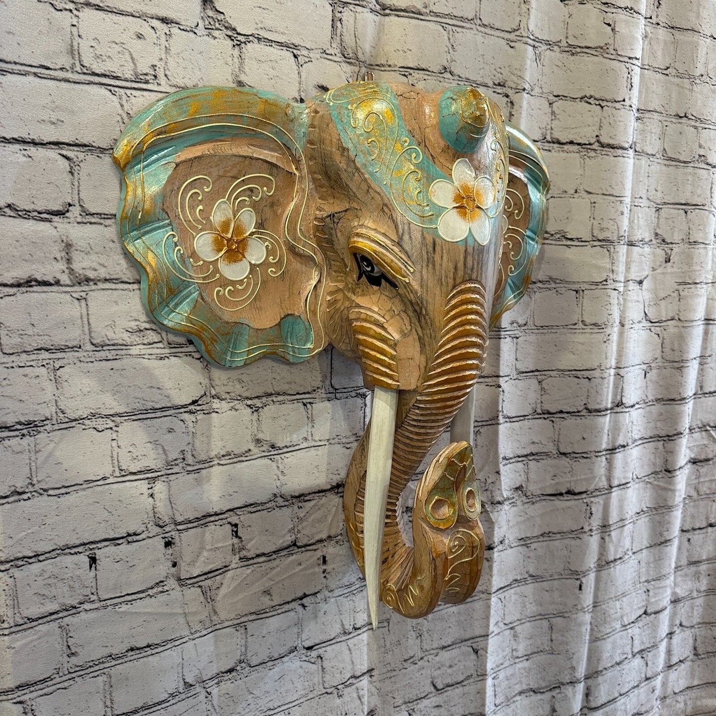 50cm x 45cm Green Flower Painted Wood Elephant Head Wall Mounted Art Shabby