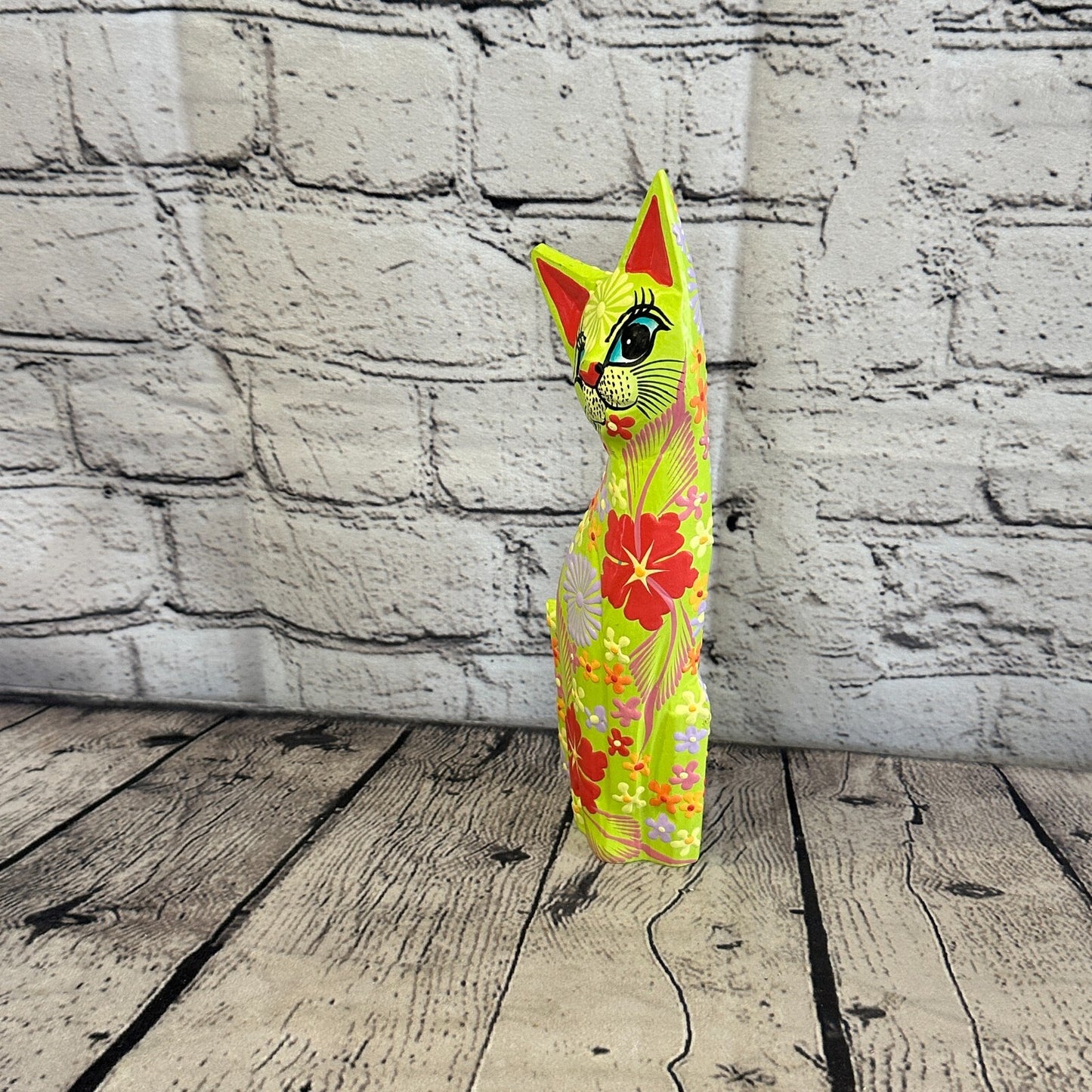 Green Flat Back Wooden Cat With Flower Pattern 25cm x 8cm Handmade and Fairtrade