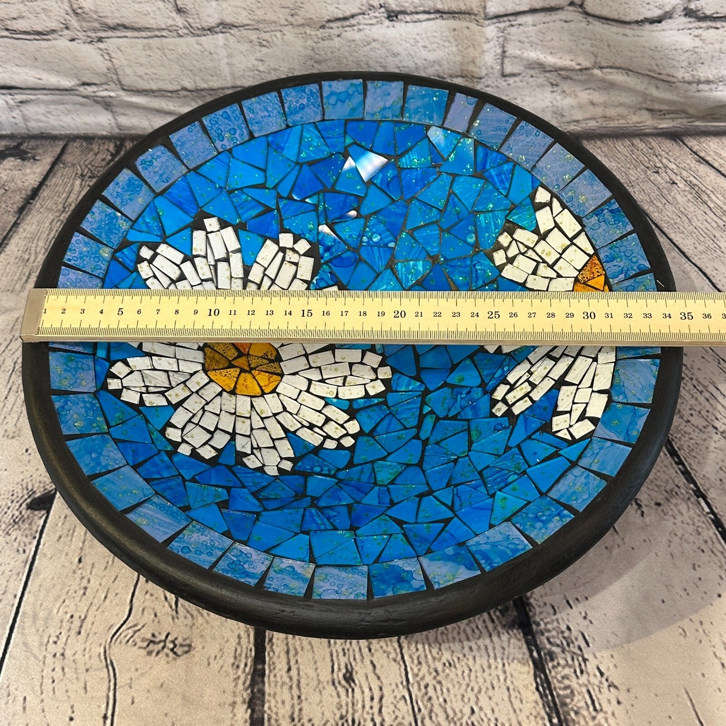 35cm Blue Daisy Flower Round Mosaic Handmade Ceramic Glass Tile Bowl Fruit