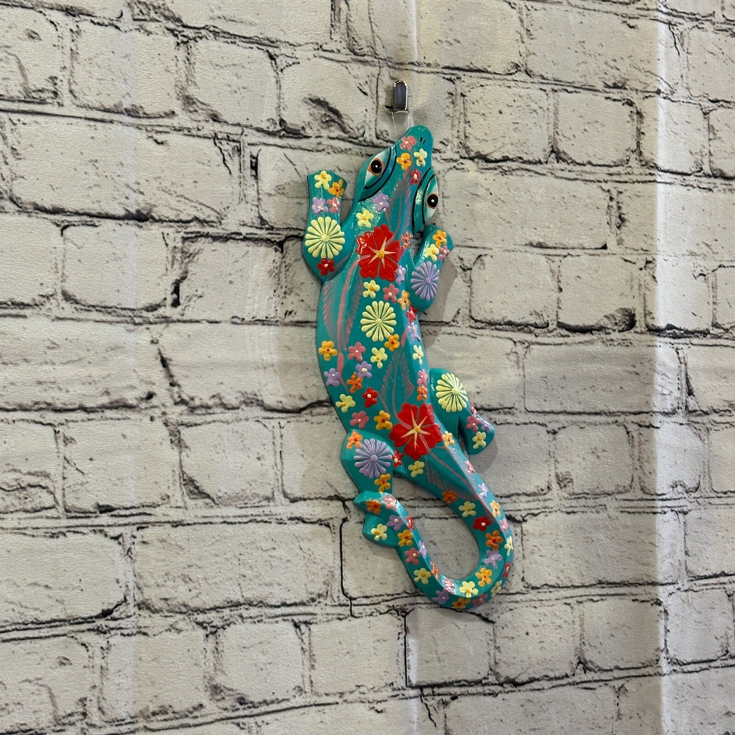 30cm Gecko Lizard Light Blue Flower Wood Wall Hanging Wooden Ornaments Carving