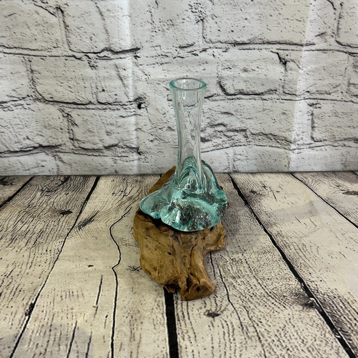 15cm x 10cm Molten Glass Round Vase Natural Root Wood Base Stand Decor Ornament