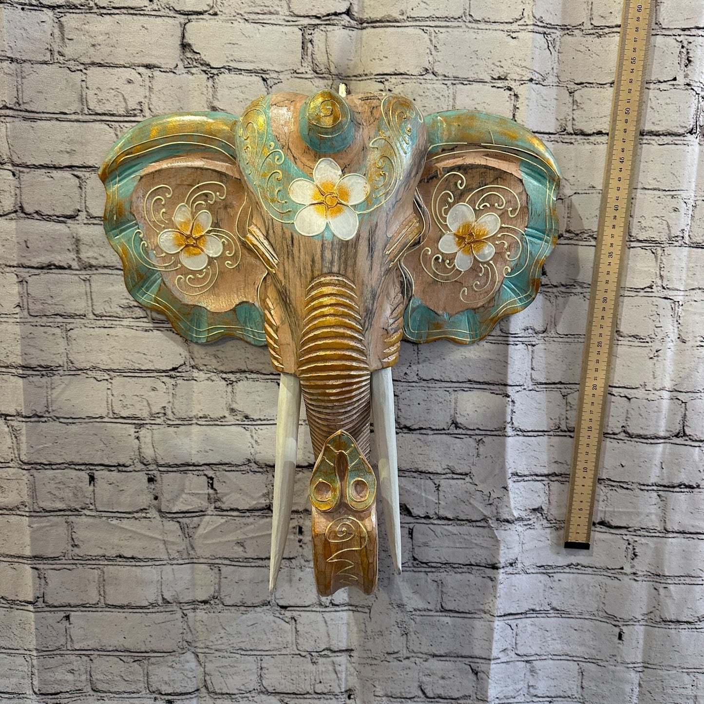 50cm x 45cm Green Flower Painted Wood Elephant Head Wall Mounted Art Shabby