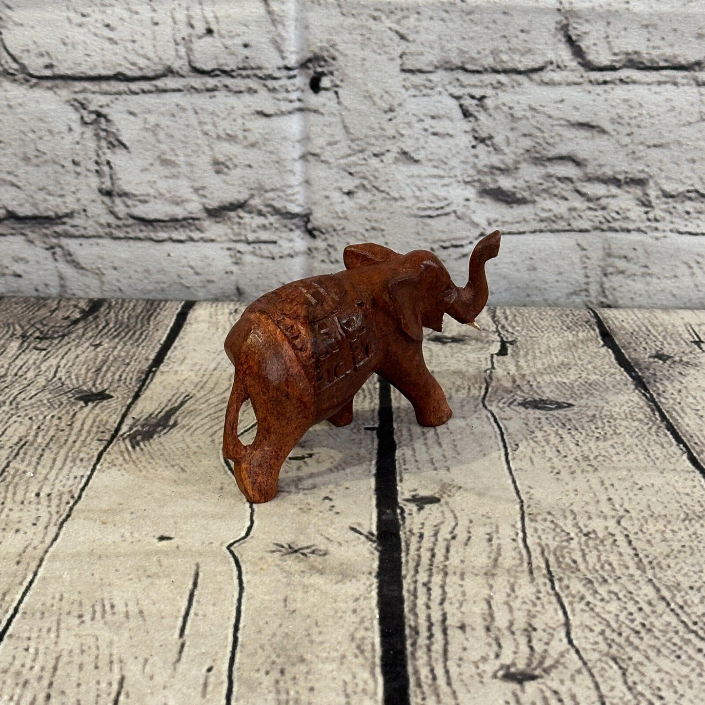 10cm x 6cm Carved Wooden Baby Elephant Wood Brown Sculpture Retro Handmade