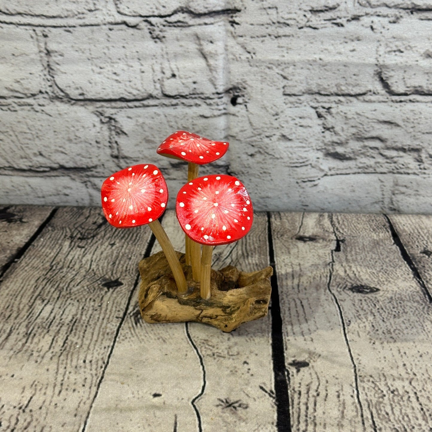 Pink Red Painted Mushrooms Parasite Ornament Natural Carving Fairtrade Wooden