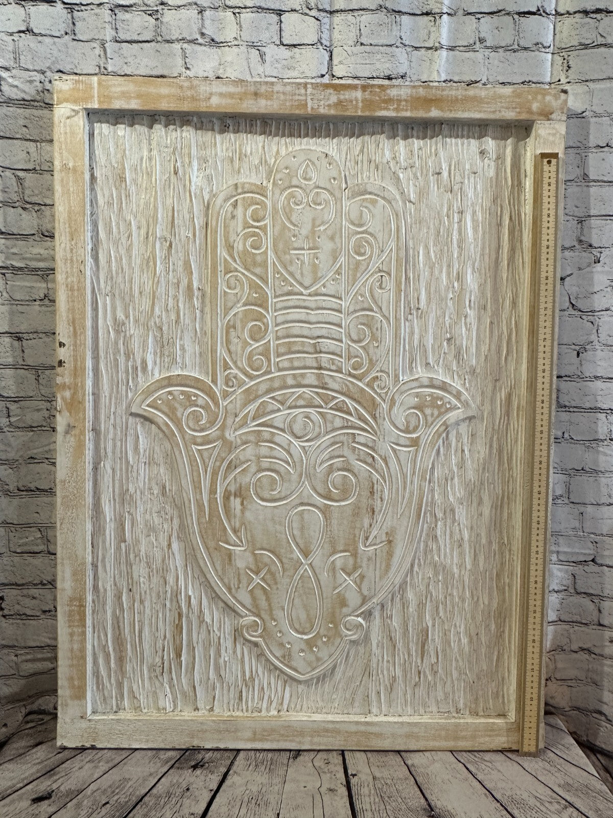 110cm x 80cm Hand Of Fatima Cream Wooden Wood Panel Wall Art Plaque Handcarved
