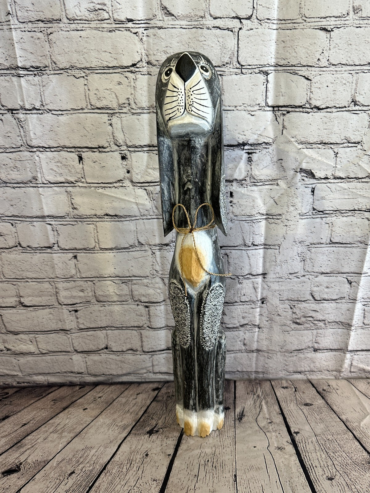 60cm Grey Flower Wooden Shabby Dog Statue Ornament Fair Trade Handcarved