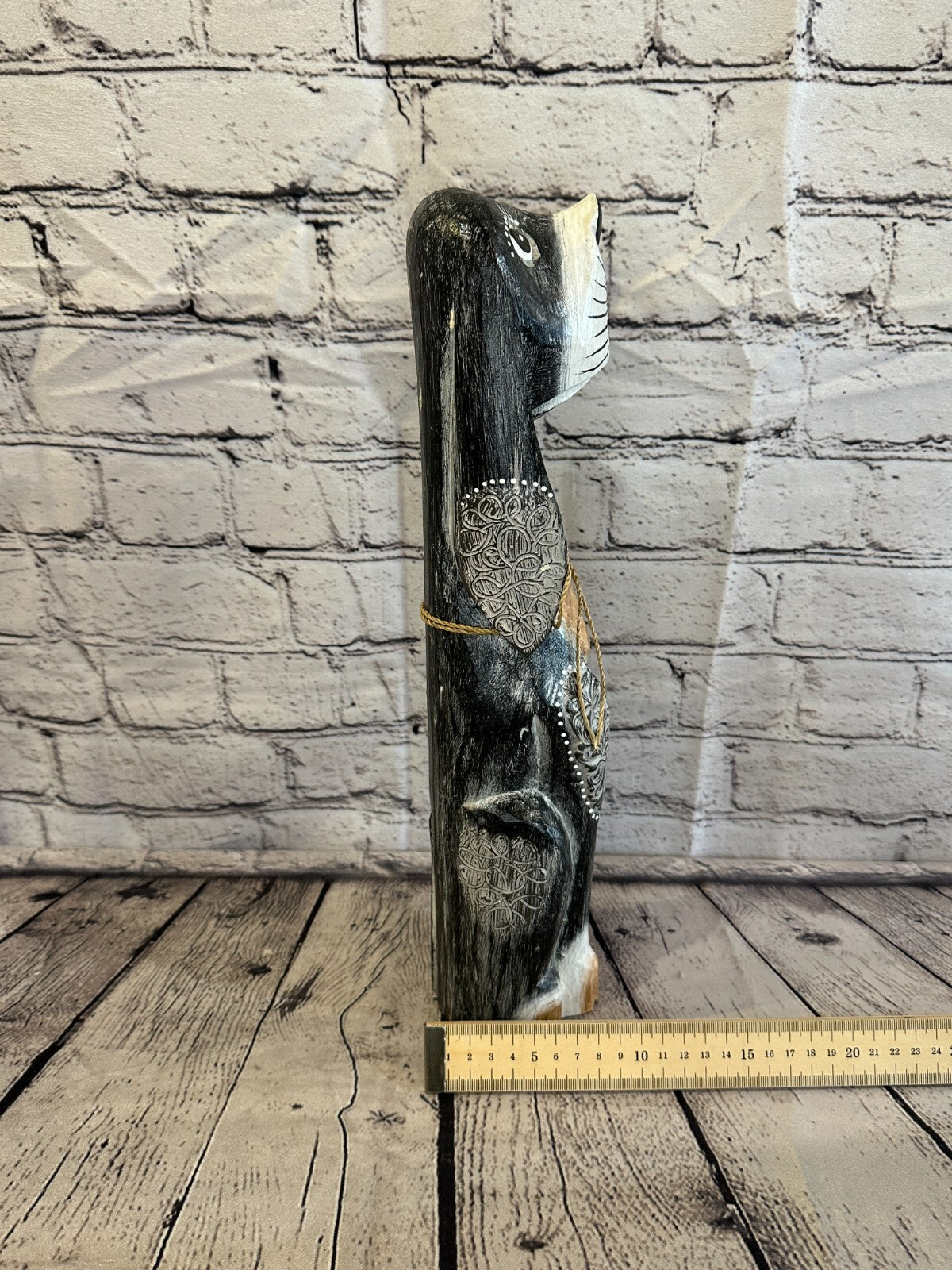 40cm Grey Flower Wooden Shabby Dog Statue Ornament Fair Trade Handcarved