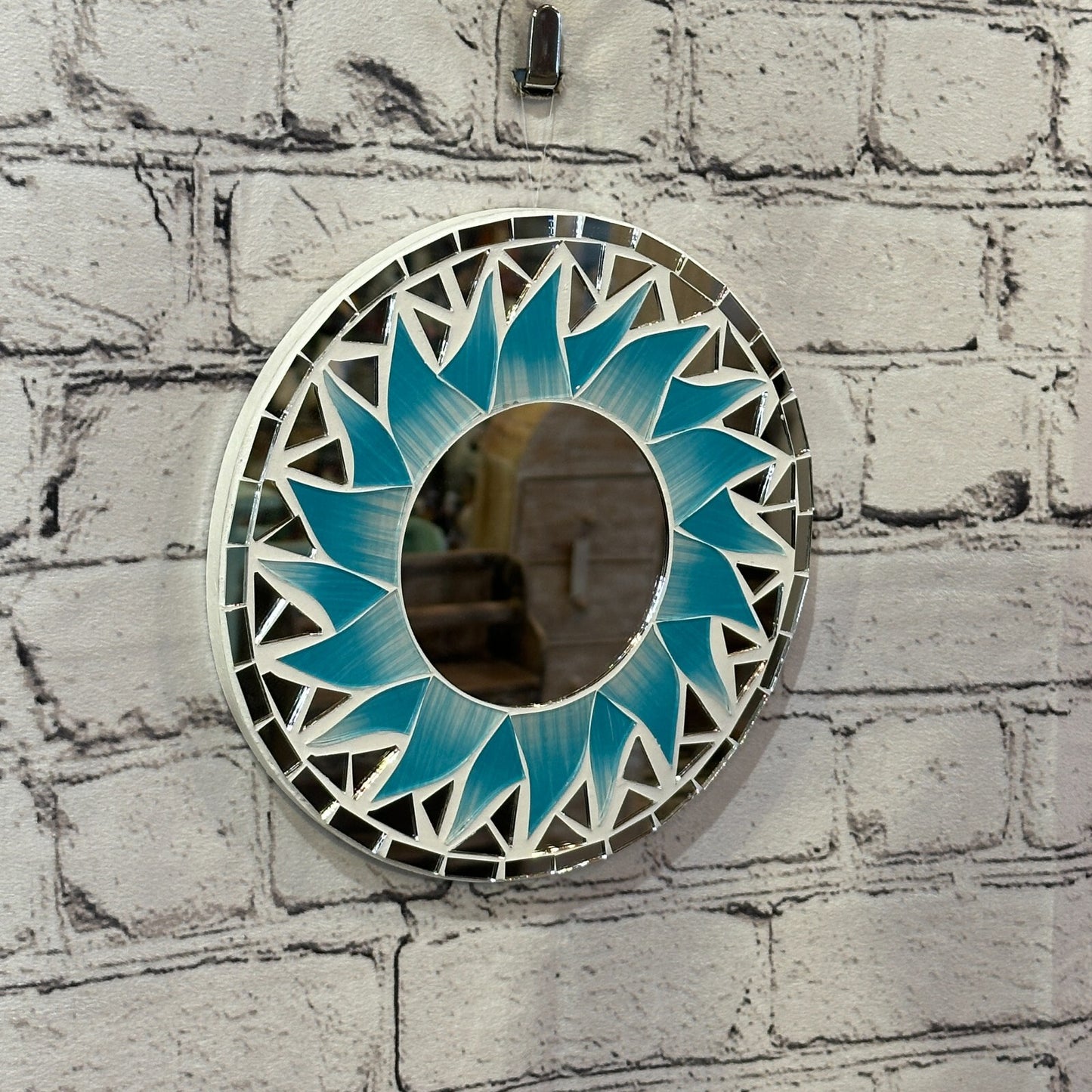 Turquoise Blue Flame Sun Mosaic Tile Wall Mirror 20cm x 20cm 8 Inches Handmade