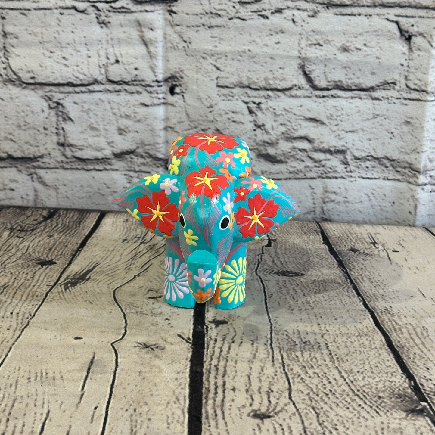 Blue Wooden Elephant With Flower Pattern 10cm x 12cm Handmade and Fairtrade