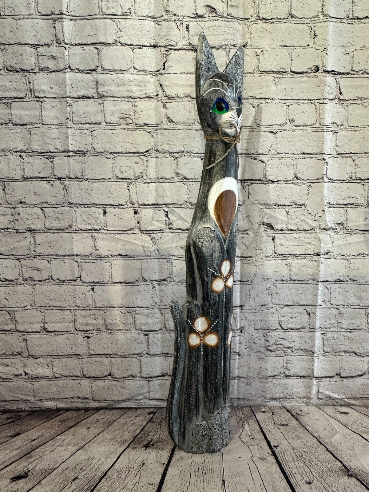 80cm Grey Swirl Flower Wooden Shabby Cat Statue Ornament Fair Trade Handcarved