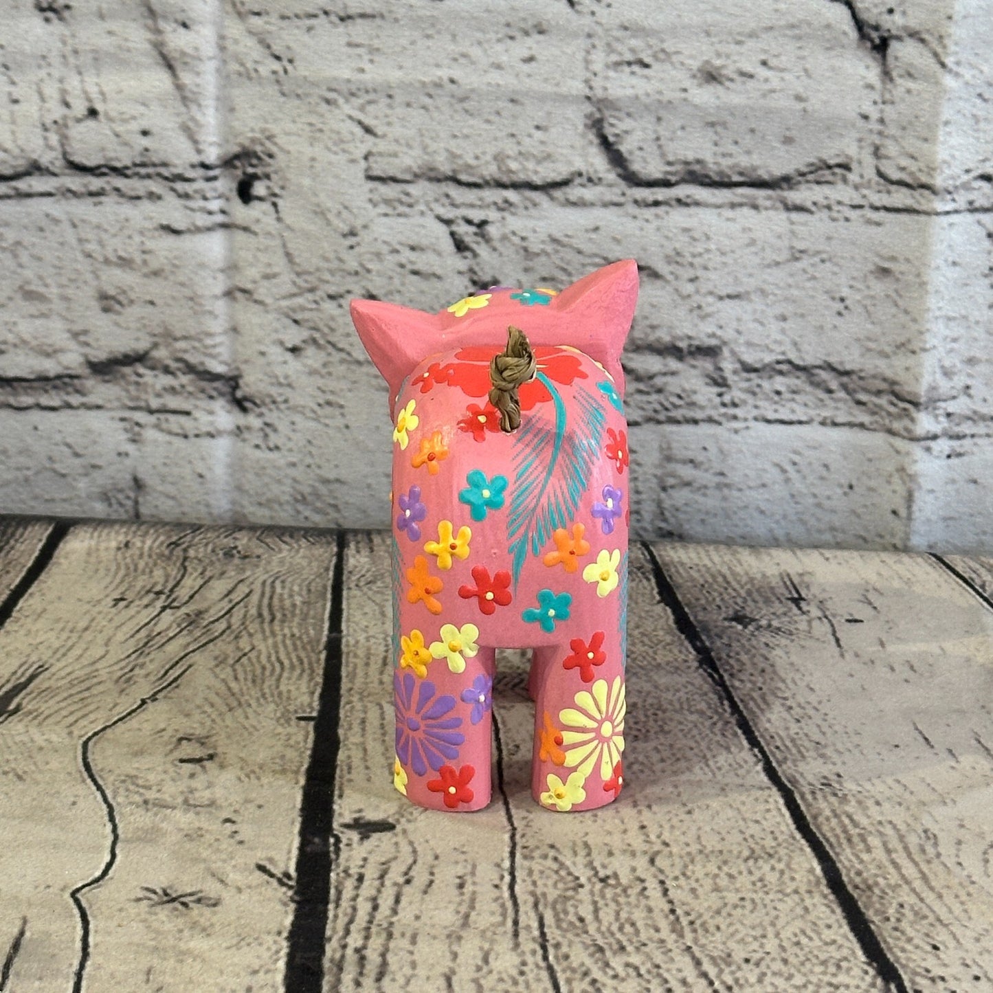 Pink Small Wooden Cat With Flower Pattern 10cm x 8cm Handmade and Fairtrade