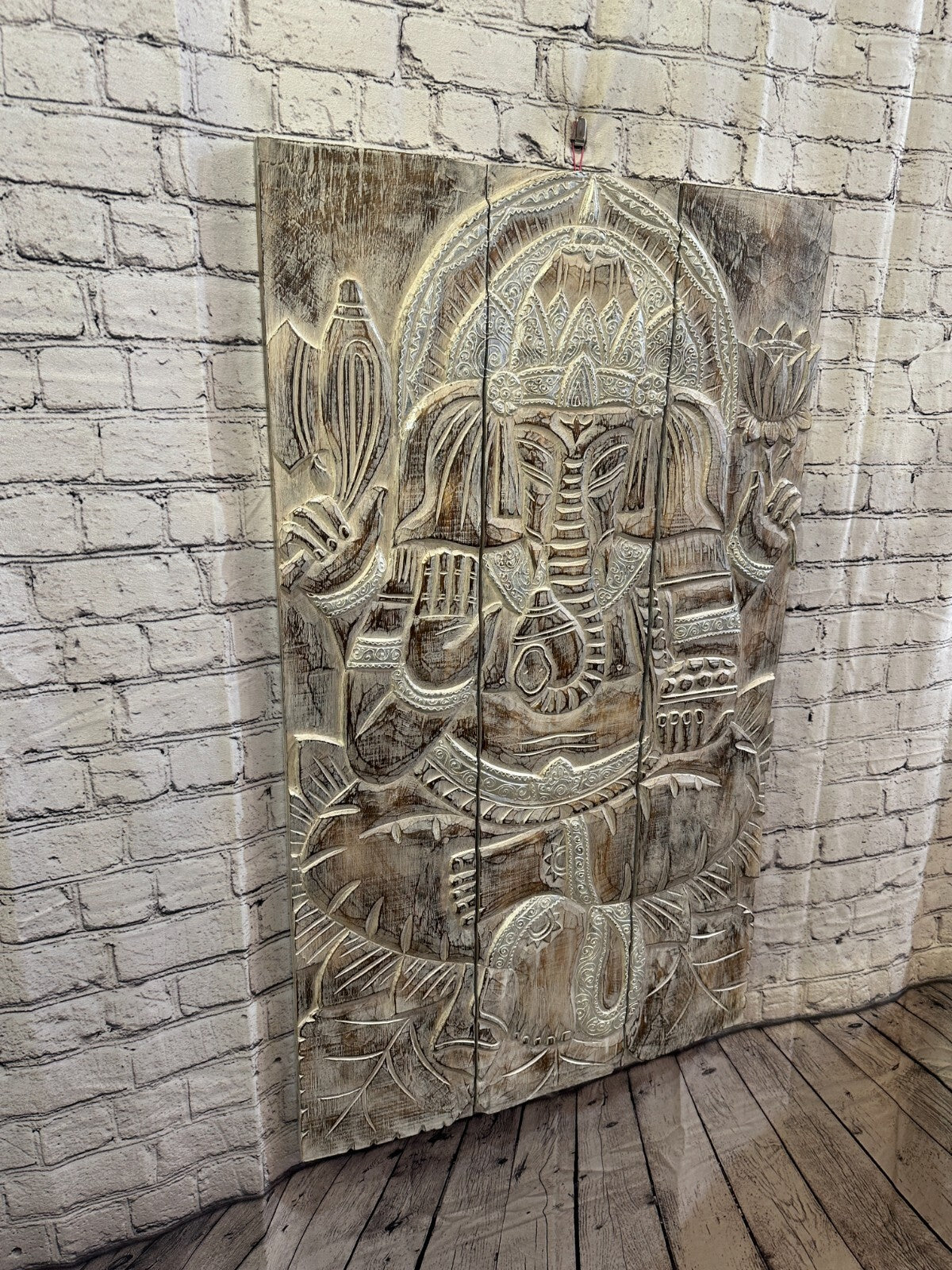 100cm x 60cm Ganesh White Panel Wooden Wood Panel Wall Art Plaque Handcarved