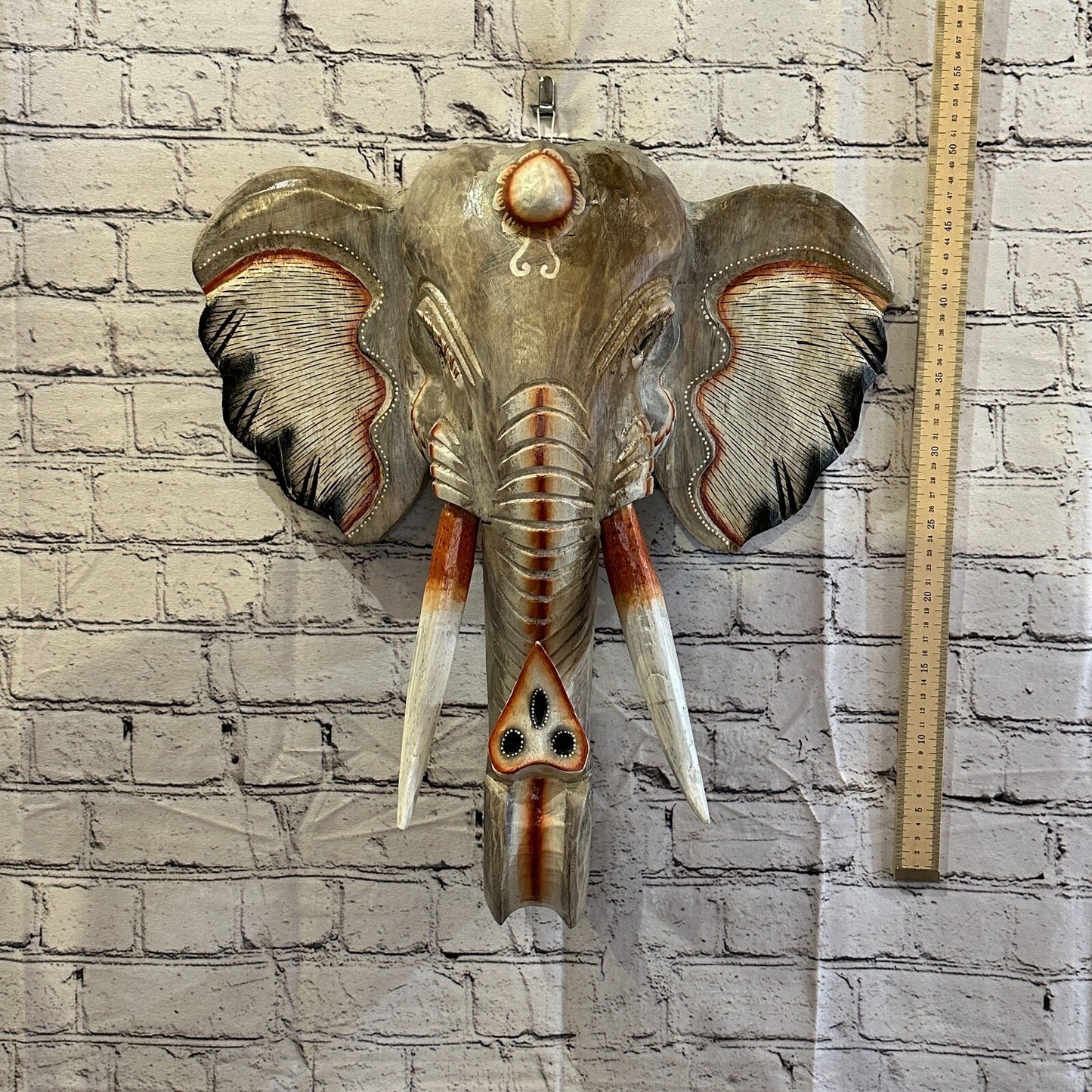 50cm x 45cm Grey Painted Wood Elephant Head Wall Mounted Art Large Shabby