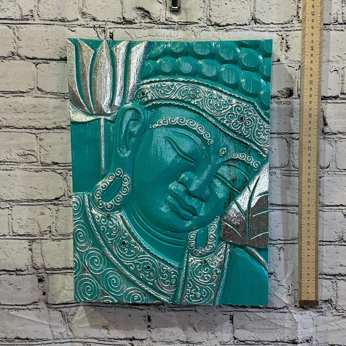 Wooden Wood Panel 40cm Brown Teal Buddha Tall Lotus Wall Art Plaque Handcarved