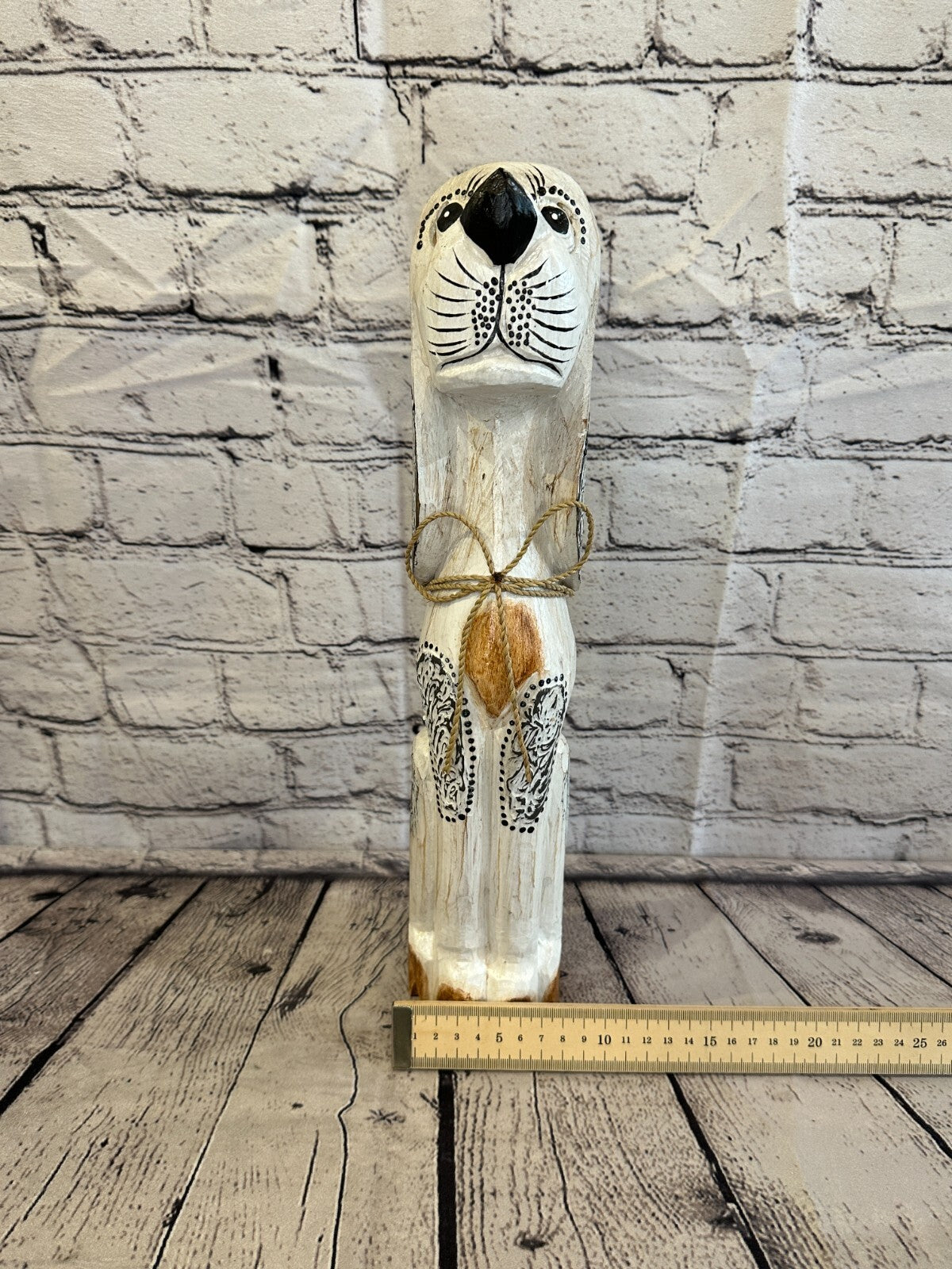 40cm White Flower Wooden Shabby Dog Statue Ornament Fair Trade Handcarved