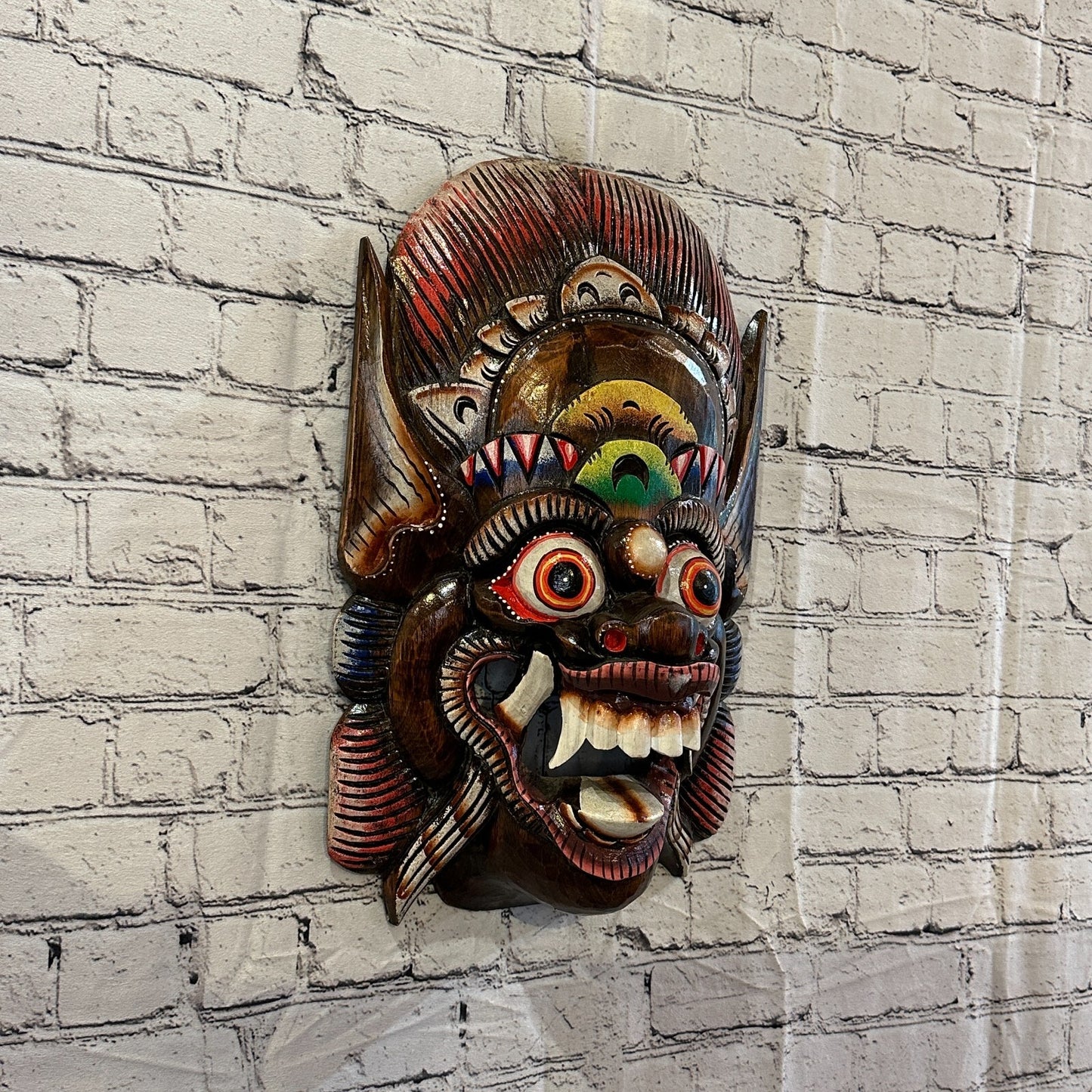 Large Wooden Brown Barong Wall Mask 50cm x 30cm Handmade And Fairtrade
