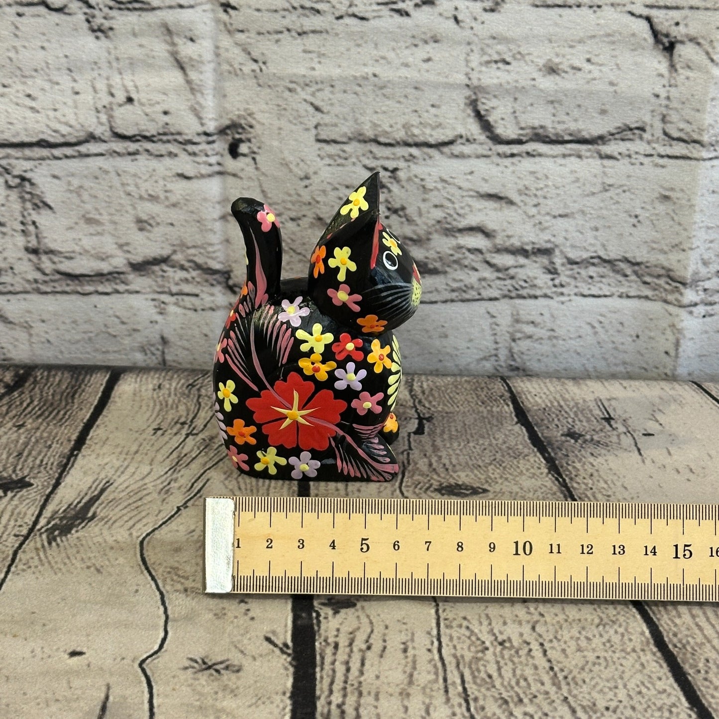 Black Small Wooden Cat With Flower Pattern 12cm x 6cm Handmade and Fairtrade