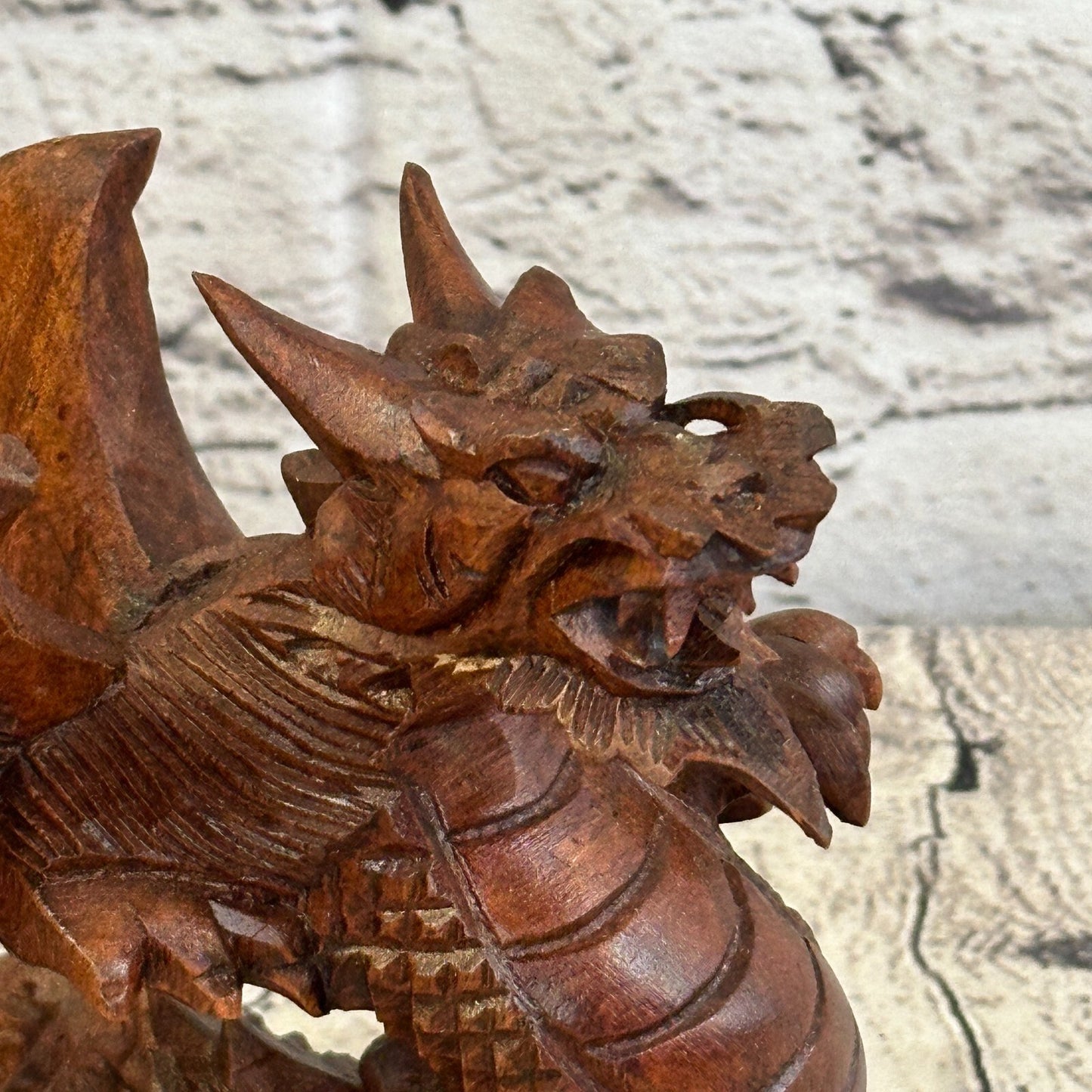 12cm x 10cm Dark Wooden Standing Dragon Carving Hand Carved Wing Back Dragon