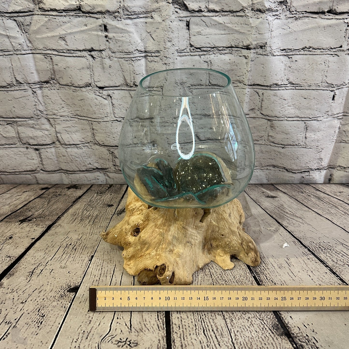 25cm x 25cm Molten Glass Round Bowl Natural Root Wood Base Stand Decor Ornament