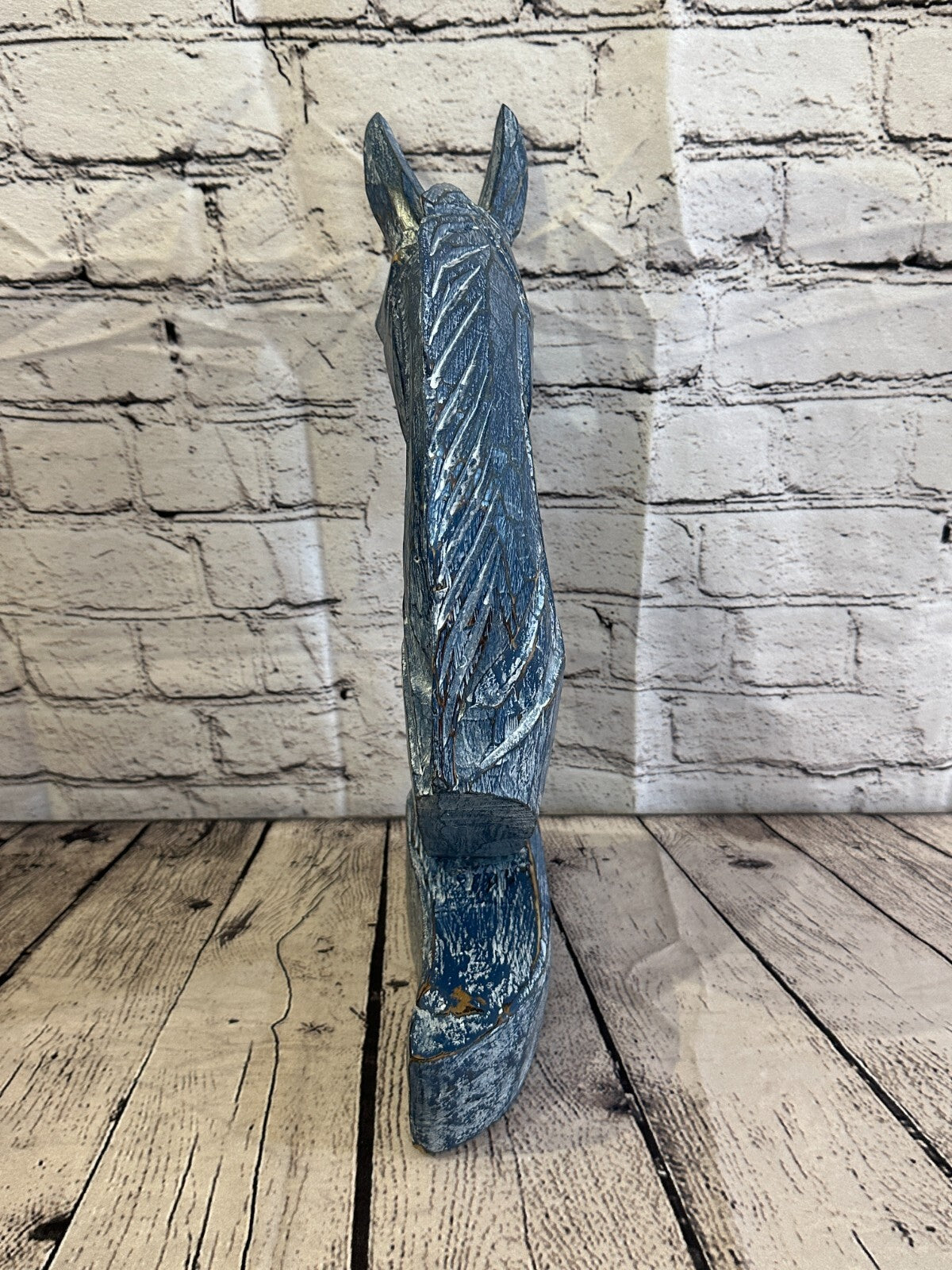 Blue Wooden 40cm x 20cm Horse Head Bust Hand Carved Wood Sculpture
