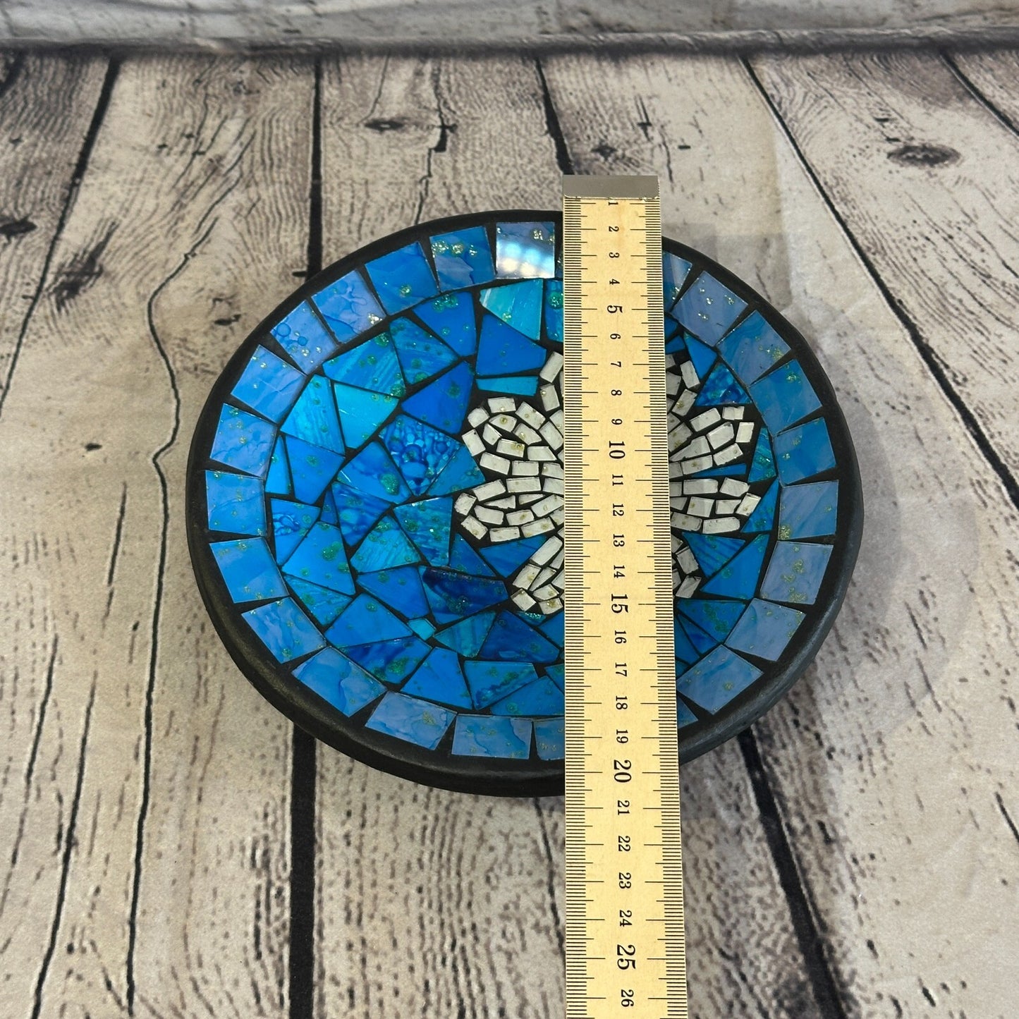 20cm Blue Daisy Flower Round Mosaic Handmade Ceramic Glass Tile Bowl Fruit