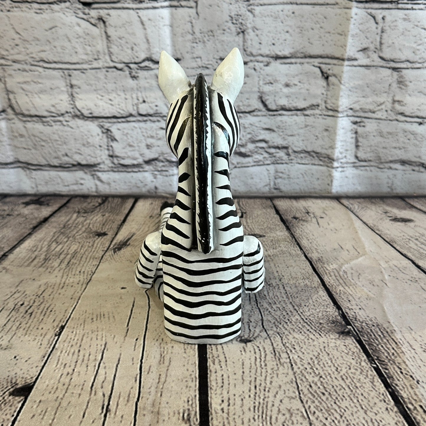 20cm Black Zebra Sitting Animal, Wooden Shelf Ornament Handmade & Fairtrade