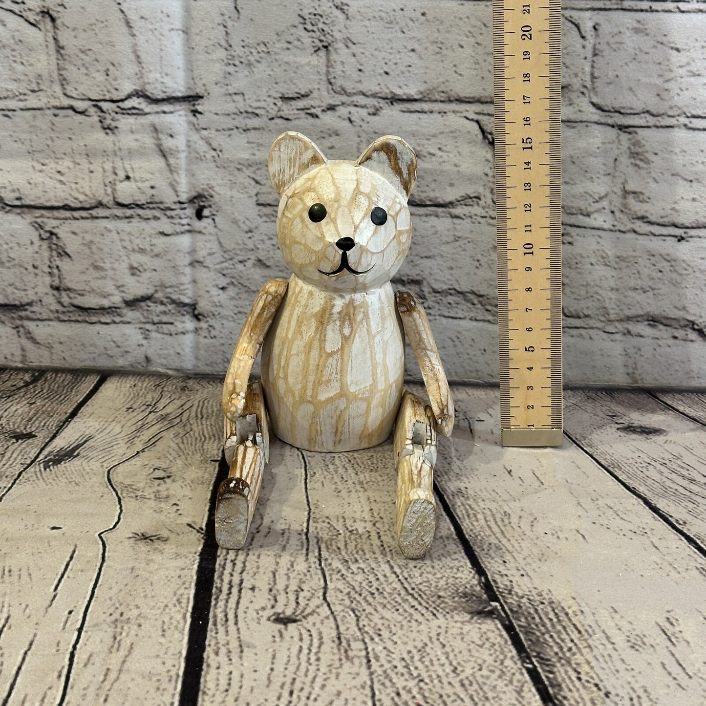 15cm Shabby White Teddy Sitting Animal Wooden Shelf Ornament Handmade Fairtrade