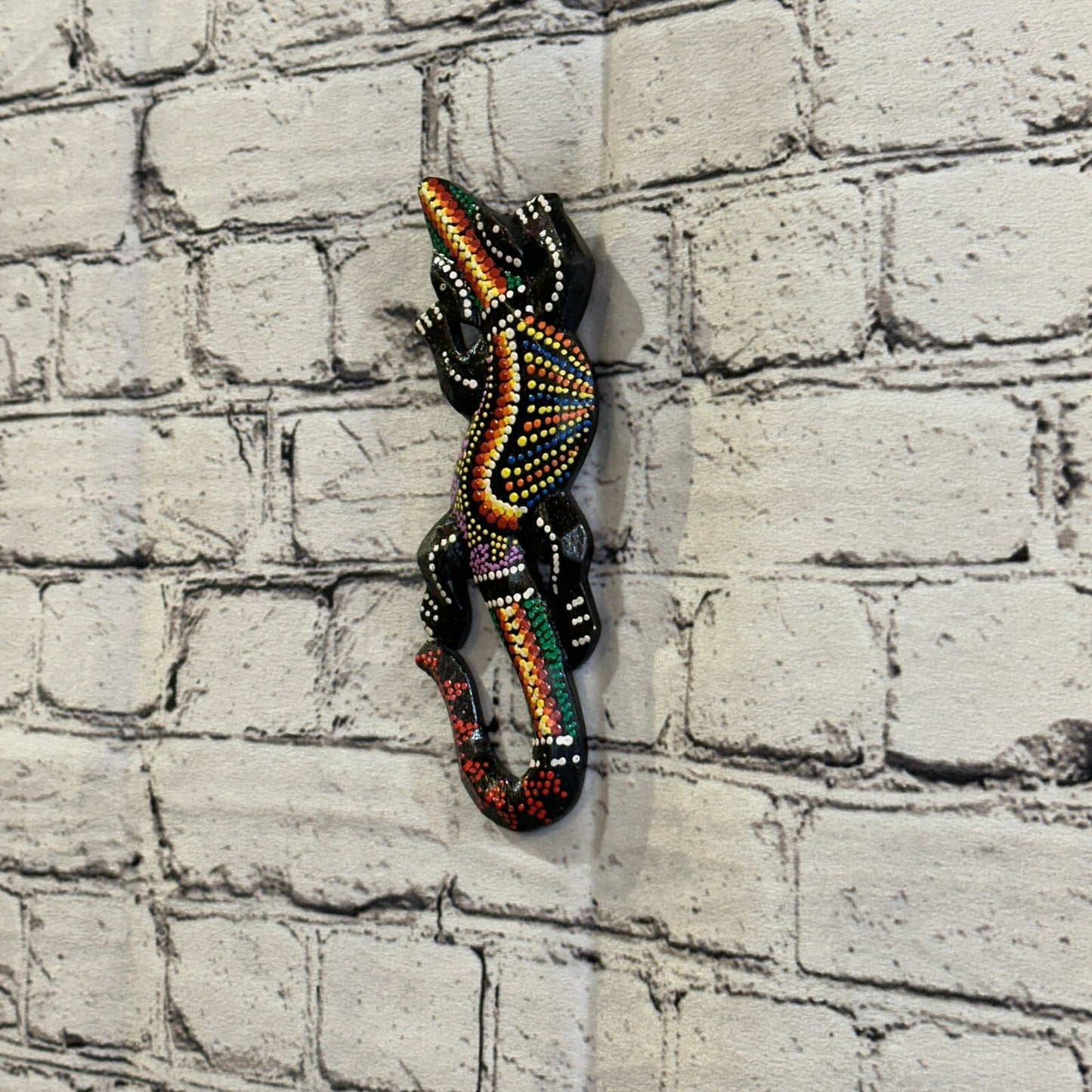 20cm Gecko Carved Wooden Dot Painted Ethnic Tribal Tiki Wall Handmade No 8